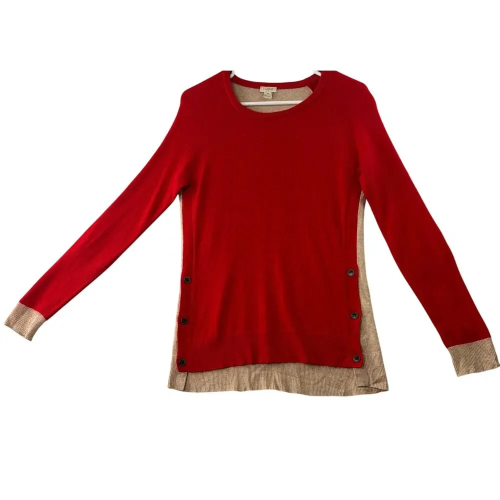 J. Crew Colorblock Red & Tan Side-Button Crewneck Sweater w/ Elbow Patches • XS